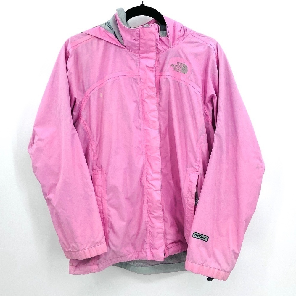 THE NORTH FACE Girl's Pink Gray Mesh Lined Full Zip Hooded Rain Jacket Size XL